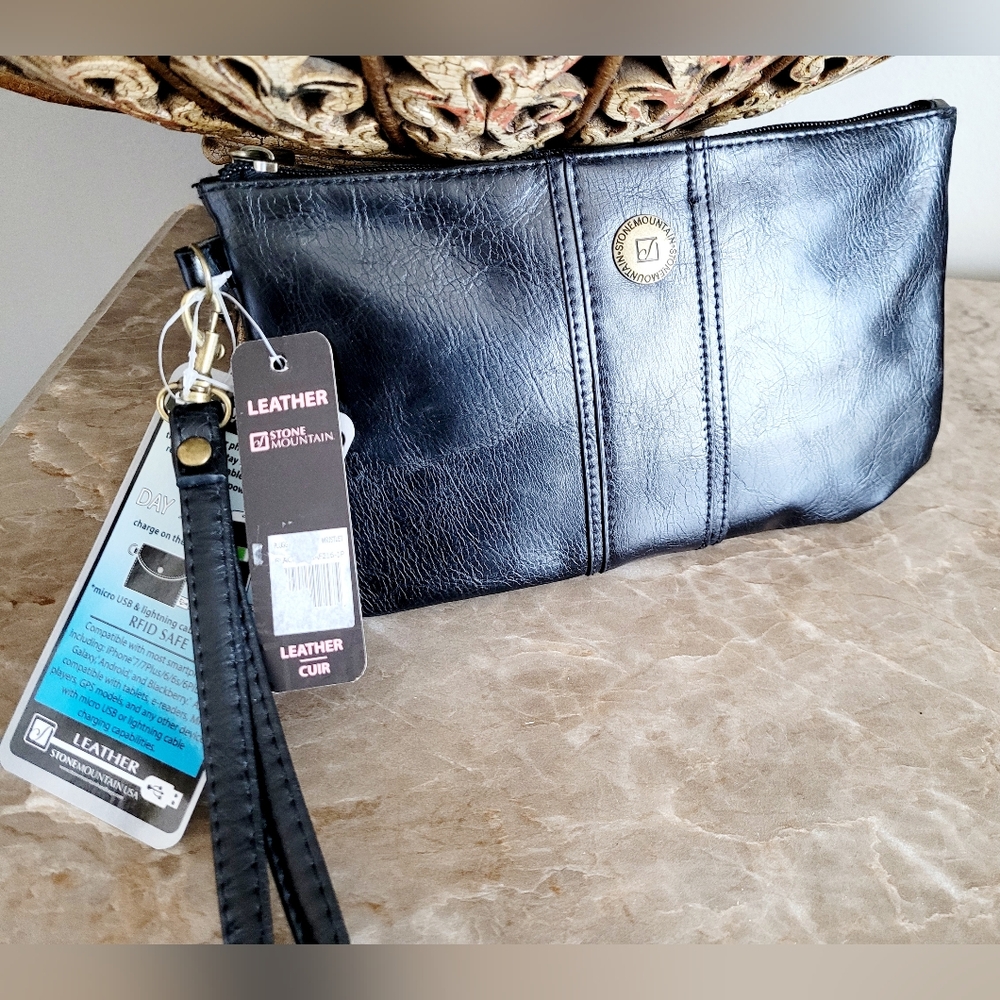 Stone Mountain Genuine Bonded Leather Wristlet/PhoneBag/Clutch Black 9"×5.2"